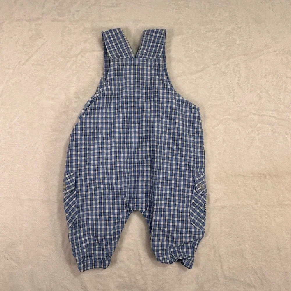 Gingham Check Bear Embroidered Overalls 0-3M Blue White Snap Crotch Baby Boy